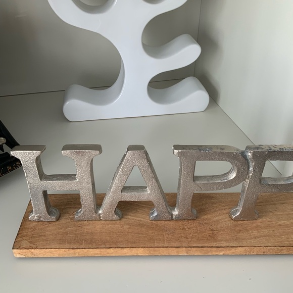 “Happy” Wood Silver Metal Large Decorative Sign Home Decor Made in India EUC 20” - Picture 3 of 9